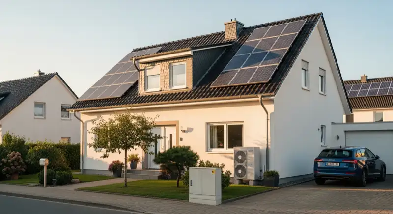 Einfamilienhaus in Stendal mit PV-Dach, Wärmepumpen-Außengerät und Wallbox an der Einfahrt