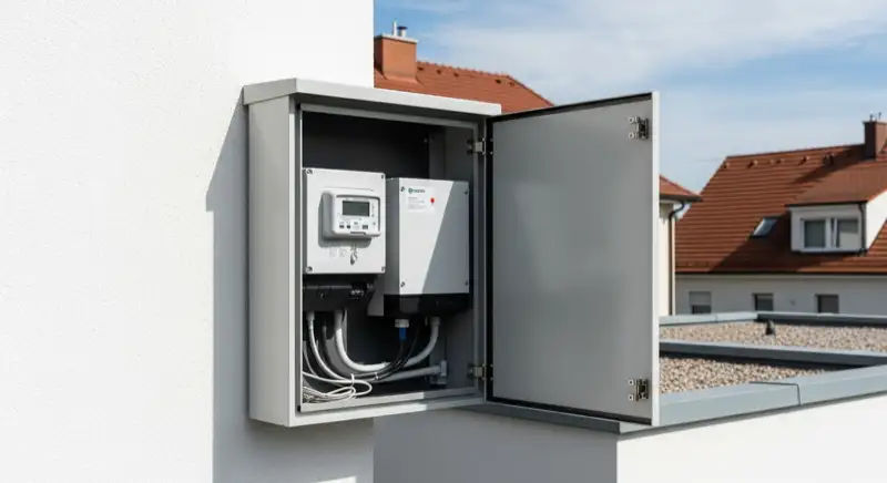 Modern German electrical meter cabinet (Zählerschrank) with smart meter and solar inverter connection, clean technical installation