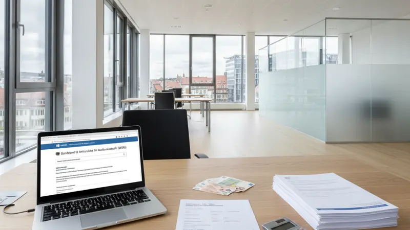 BAFA-Förderantrag für Wärmepumpe auf einem Schreibtisch mit Laptop und Taschenrechner