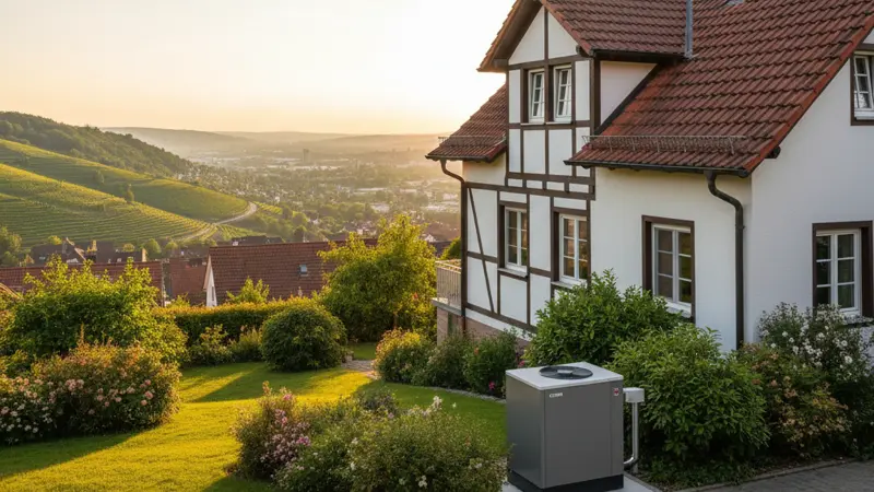 Luft-Wasser-Wärmepumpe vor einem Einfamilienhaus in Stuttgart mit Kessellage-Hügeln im Hintergrund
