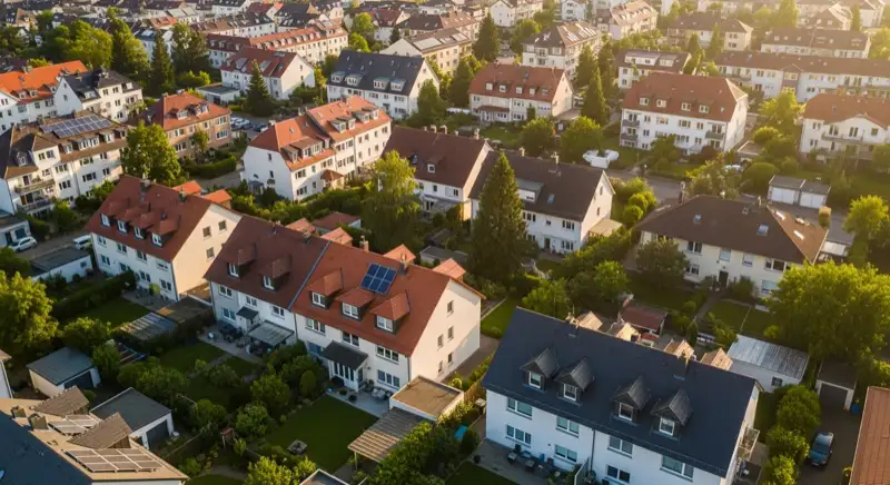 Aerial drone view of typical German residential neighborhood with mixed roof types, red and dark roof tiles, gardens visible, sunny day
