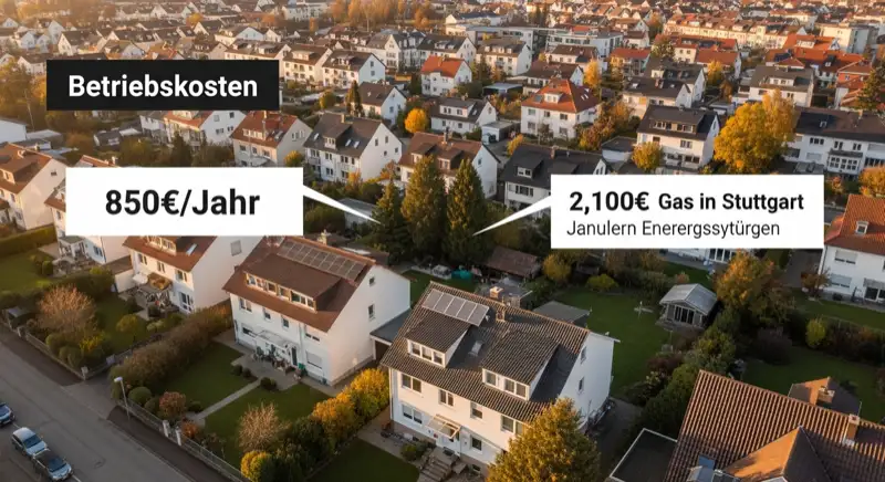 Aerial drone view of typical German residential neighborhood with mixed roof types, red and dark roof tiles, gardens visible, sunny day