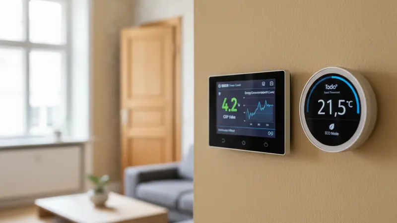 Wärmepumpen-Steuerung und Smart-Home-Thermostat in einem Stuttgarter Wohnzimmer