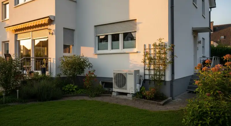 Stuttgarter Einfamilienhaus mit Wärmepumpe Außeneinheit im Garten