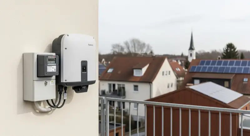 Modern German electrical meter cabinet (Zählerschrank) with smart meter and solar inverter connection, clean technical installation