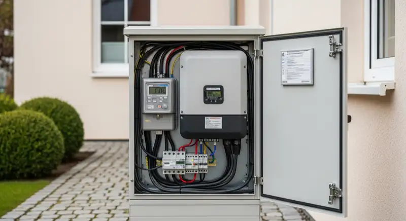 Modern German electrical meter cabinet (Zählerschrank) with smart meter and solar inverter connection, clean technical installation