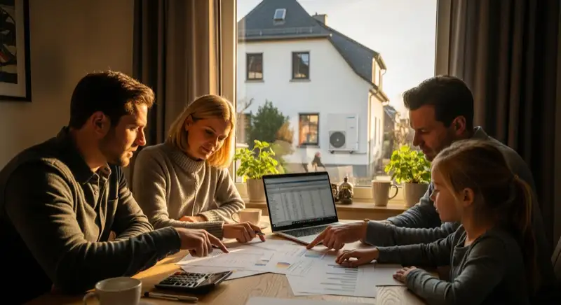 Energieberater mit Kostenaufstellung für Wärmepumpen in Trier, Laptop und Dokumente auf dem Schreibtisch