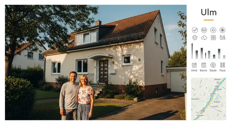 Hausbesitzer-Paar vor Einfamilienhaus in Ulm, sonniger Tag, positive Energie-Szenerie