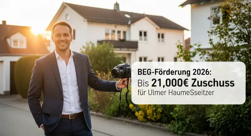 Hausbesitzer-Paar vor Einfamilienhaus in Ulm, sonniger Tag, positive Energie-Szenerie