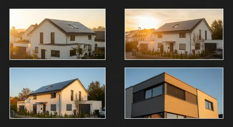 Modernes Einfamilienhaus in Ulm mit Solaranlage, warmes Morgenlicht, realistischer Vorstadtstil