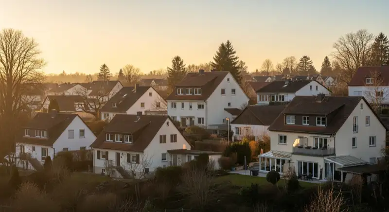 Wohngebiete in Ulm mit verschiedenen Bauformen, typische Einfamilienhäuser und Dachstrukturen aus der Luft
