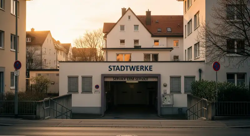 Blick auf das Stadtwerke-Gebäude in Ulm mit Service-Eingang, lokale Versorgeratmosphäre
