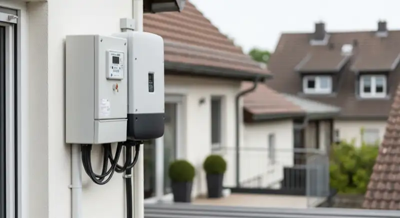 Modern German electrical meter cabinet (Zählerschrank) with smart meter and solar inverter connection, clean technical installation