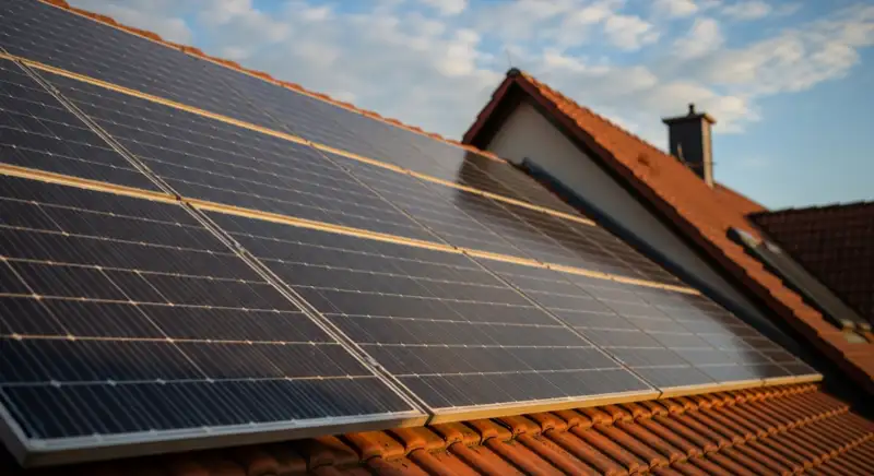 Close-up of photovoltaic solar panels installed on a traditional German Satteldach (gabled roof), blue sky with some clouds