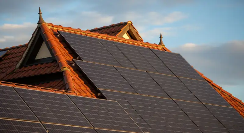 Close-up of photovoltaic solar panels installed on a traditional German Satteldach (gabled roof), blue sky with some clouds