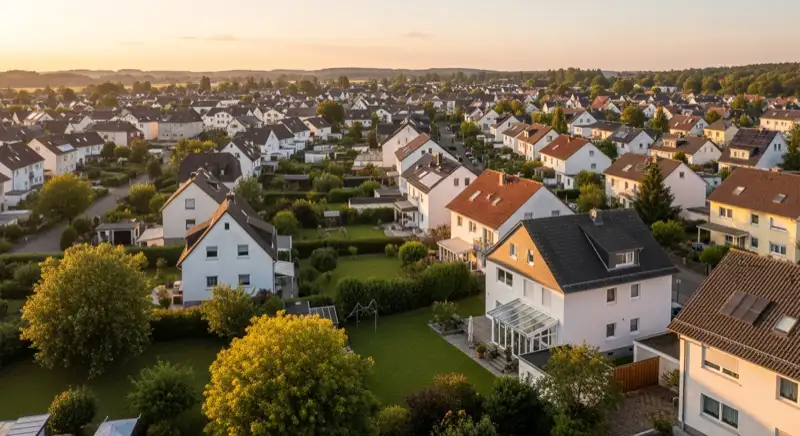 Aerial drone view of typical German residential neighborhood with mixed roof types, red and dark roof tiles, gardens visible, sunny day