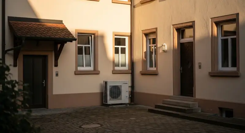 Historische Wohnhausfassaden in Völklingen mit möglichem Platz für eine Wärmepumpe im Hof