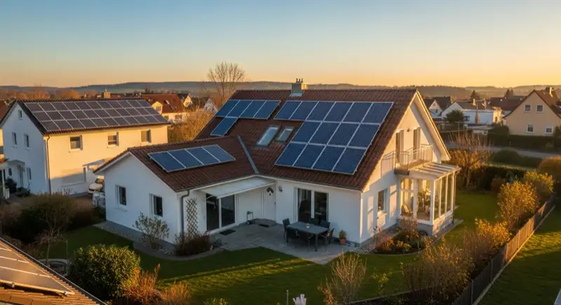 German detached house (Einfamilienhaus) with photovoltaic panels on pitched roof, well-maintained garden, warm afternoon sunlight
