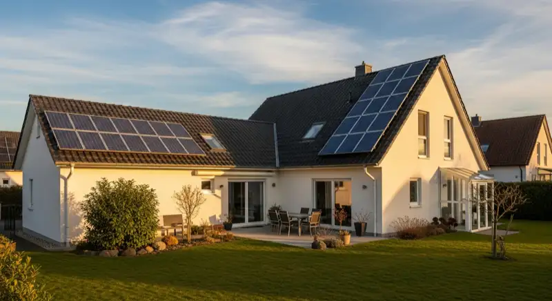 German detached house (Einfamilienhaus) with photovoltaic panels on pitched roof, well-maintained garden, warm afternoon sunlight