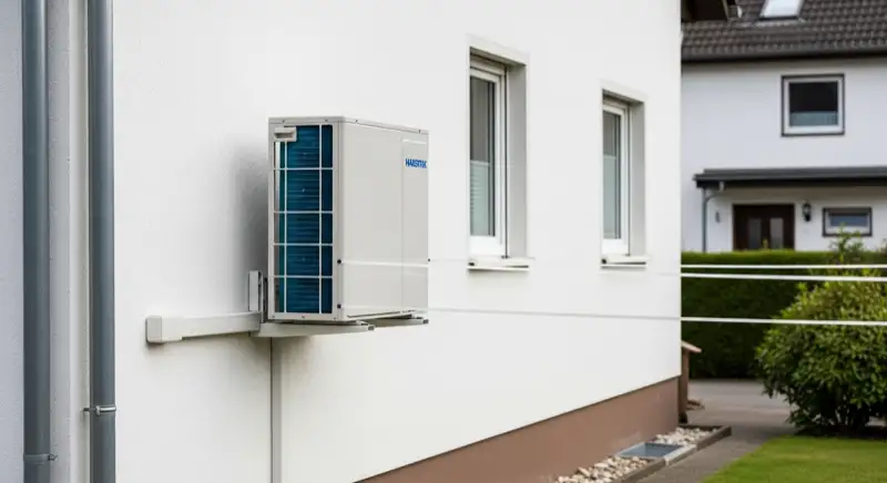 Wärmepumpen-Außengerät an einer Hauswand in Warstein mit Abstand zum Nachbargrundstück