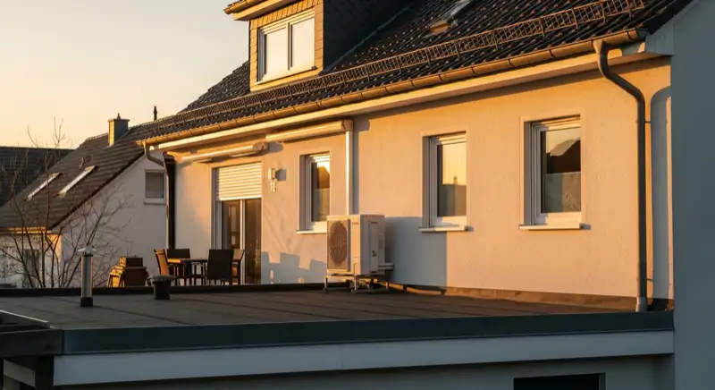 Einfamilienhaus in Warstein mit Wärmepumpen-Außeneinheit neben der Fassade