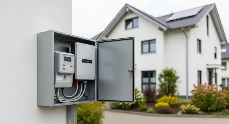 Modern German electrical meter cabinet (Zählerschrank) with smart meter and solar inverter connection, clean technical installation