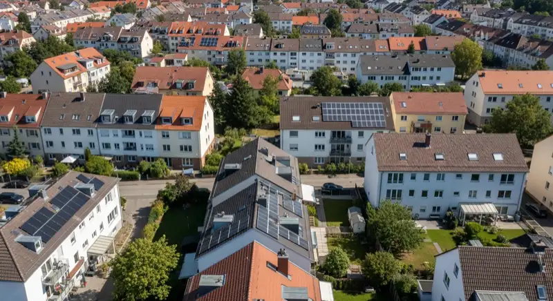 Aerial drone view of typical German residential neighborhood with mixed roof types, red and dark roof tiles, gardens visible, sunny day