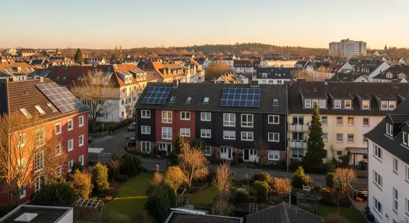 Aerial drone view of typical German residential neighborhood with mixed roof types, red and dark roof tiles, gardens visible, sunny day