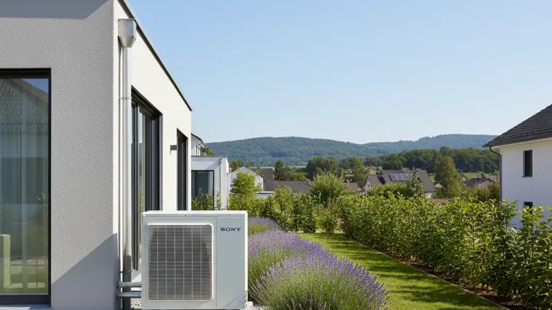Luft-Wasser-Wärmepumpe im Garten eines Wiesbadener Einfamilienhauses, Nahaufnahme