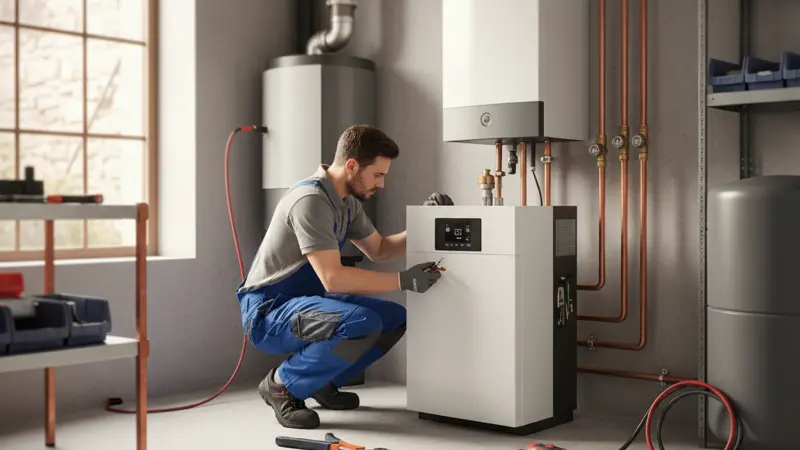 Heizungstechniker bei der Wärmepumpen-Installation in einem Wiesbadener Keller