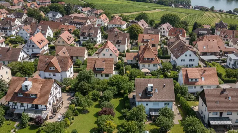 Luftaufnahme einer Wiesbadener Wohngegend mit Wärmepumpen auf Einfamilienhausgrundstücken
