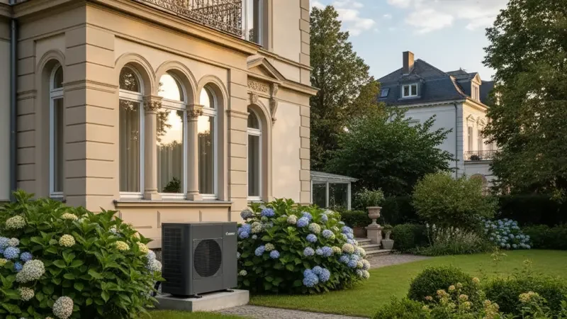 Wärmepumpe vor einem Wiesbadener Gründerzeithaus, moderne Luft-Wasser-Wärmepumpe im Vorgarten