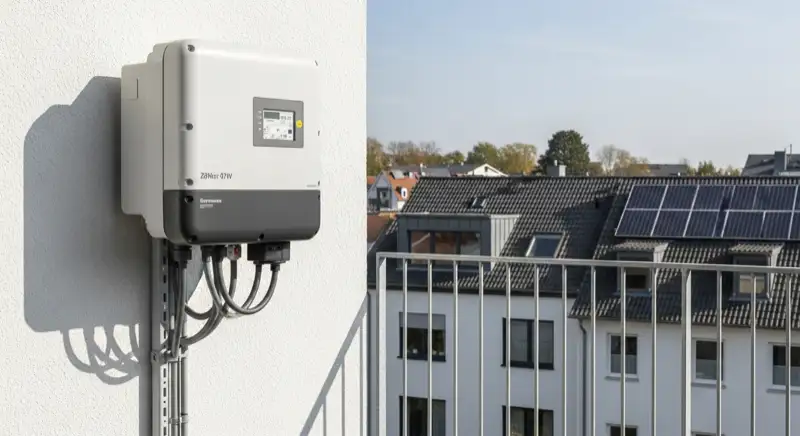 Modern German electrical meter cabinet (Zählerschrank) with smart meter and solar inverter connection, clean technical installation