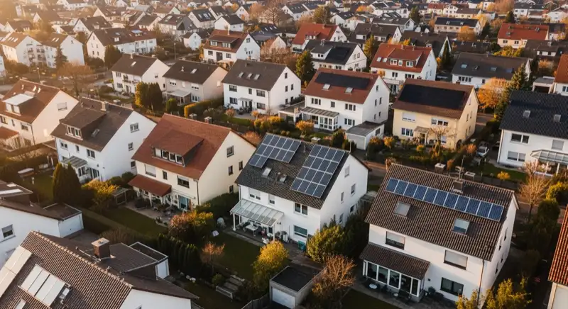 Aerial drone view of typical German residential neighborhood with mixed roof types, red and dark roof tiles, gardens visible, sunny day