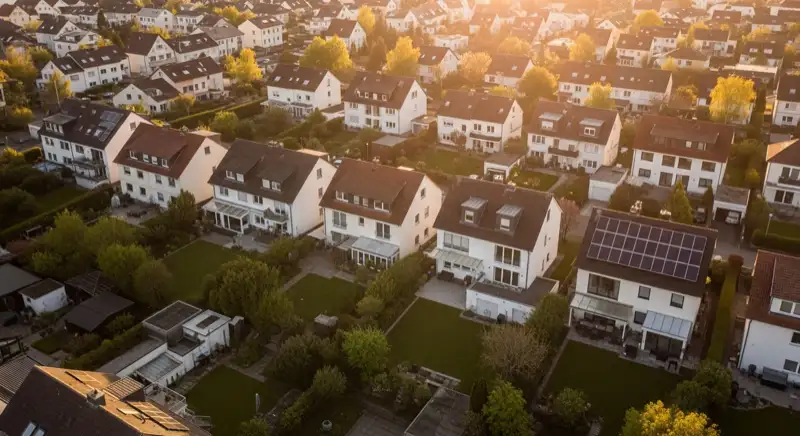 Aerial drone view of typical German residential neighborhood with mixed roof types, red and dark roof tiles, gardens visible, sunny day