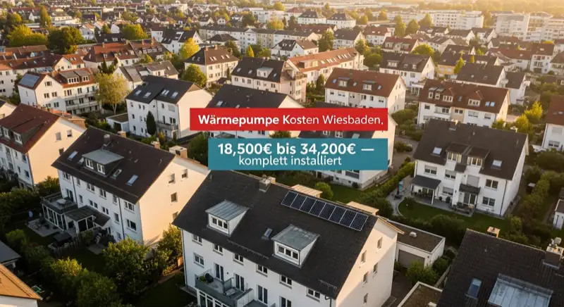 Aerial drone view of typical German residential neighborhood with mixed roof types, red and dark roof tiles, gardens visible, sunny day