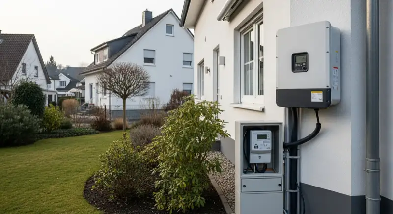 Modern German electrical meter cabinet (Zählerschrank) with smart meter and solar inverter connection, clean technical installation