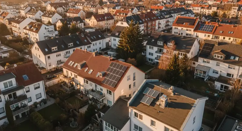 Aerial drone view of typical German residential neighborhood with mixed roof types, red and dark roof tiles, gardens visible, sunny day