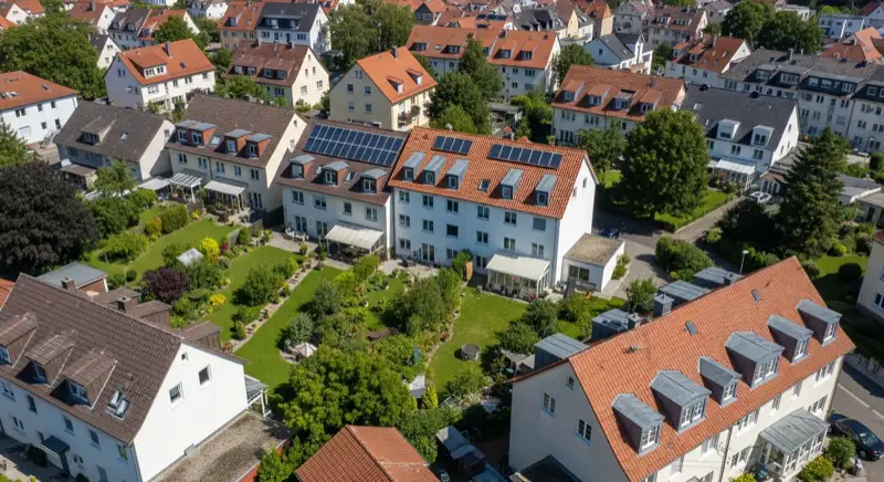 Aerial drone view of typical German residential neighborhood with mixed roof types, red and dark roof tiles, gardens visible, sunny day