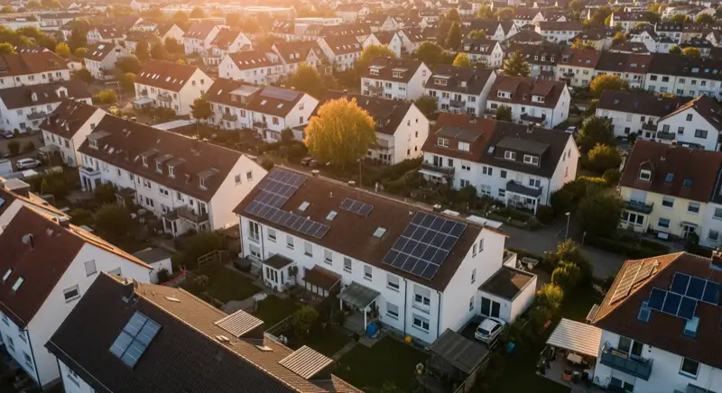 Aerial drone view of typical German residential neighborhood with mixed roof types, red and dark roof tiles, gardens visible, sunny day