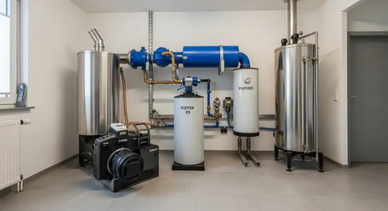 Techniker bei der Wartung einer Wärmepumpe in Wolfsburg, Innengerät im Heizungskeller