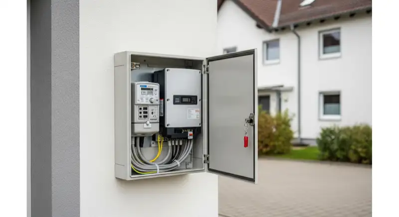 Modern German electrical meter cabinet (Zählerschrank) with smart meter and solar inverter connection, clean technical installation