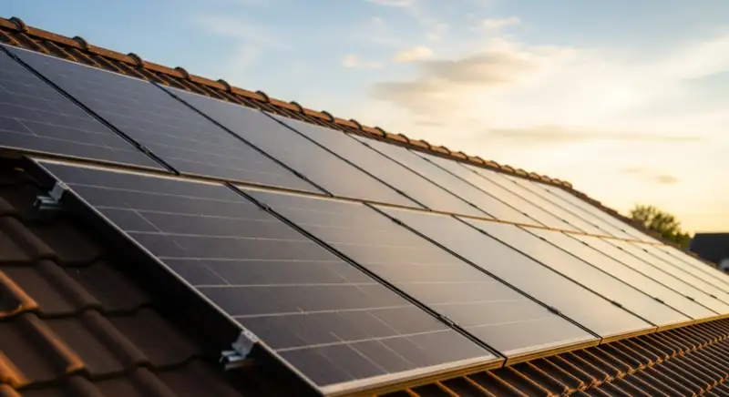 Close-up of photovoltaic solar panels installed on a traditional German Satteldach (gabled roof), blue sky with some clouds