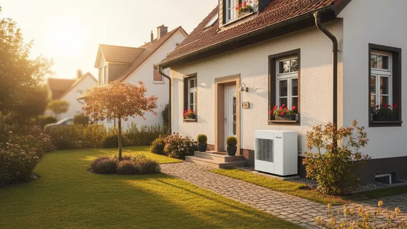 Luft-Wasser-Wärmepumpe vor einem Einfamilienhaus in Würzburg mit Grünfläche