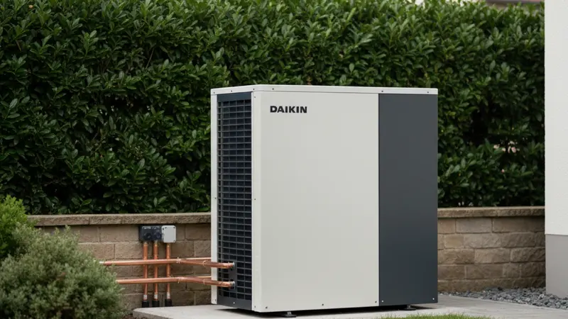 Außeneinheit einer Luft-Wasser-Wärmepumpe im Garten eines Würzburger Einfamilienhauses