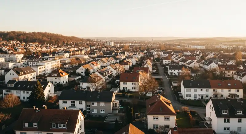 Wohngebiete in Würzburg mit verschiedenen Bauformen, typische Einfamilienhäuser und Dachstrukturen aus der Luft