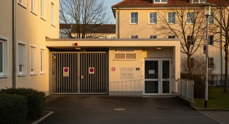 Blick auf das Stadtwerke-Gebäude in Würzburg mit Service-Eingang, lokale Versorgeratmosphäre