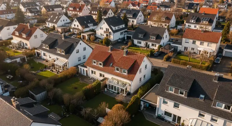 Aerial drone view of typical German residential neighborhood with mixed roof types, red and dark roof tiles, gardens visible, sunny day