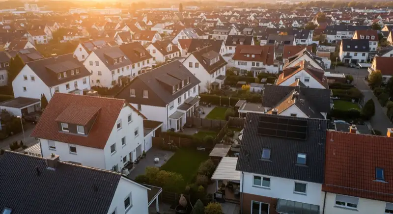 Aerial drone view of typical German residential neighborhood with mixed roof types, red and dark roof tiles, gardens visible, sunny day