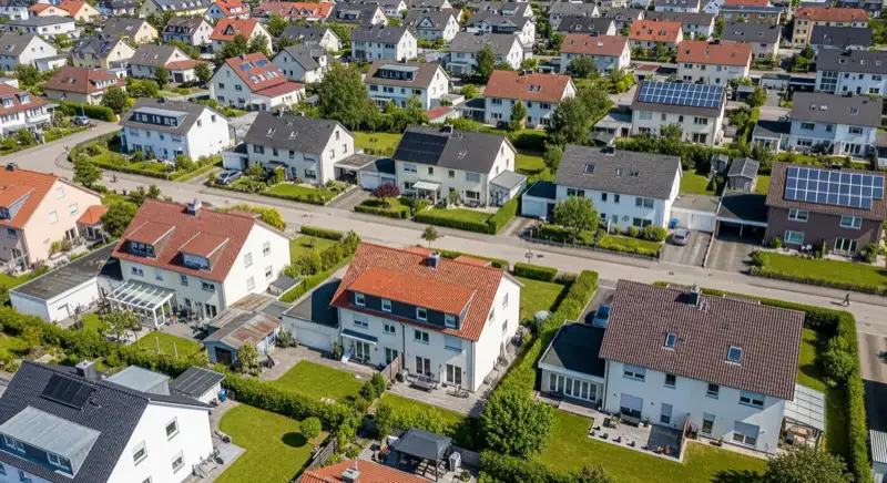 Aerial drone view of typical German residential neighborhood with mixed roof types, red and dark roof tiles, gardens visible, sunny day